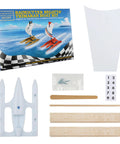 Trimaran Race Boat Kit for Raingutter Regatta components with box, hull, sails, screws, and wooden parts for assembly.