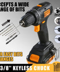 Your Go To Cordless Brushless Drill Kit 20V With 2Ah Battery And Charger, Three Eighths Inch Keyless Chuck, shown with bits set.