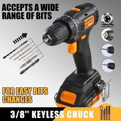 Your Go To Cordless Brushless Drill Kit 20V With 2Ah Battery And Charger, Three Eighths Inch Keyless Chuck, shown with bits set.