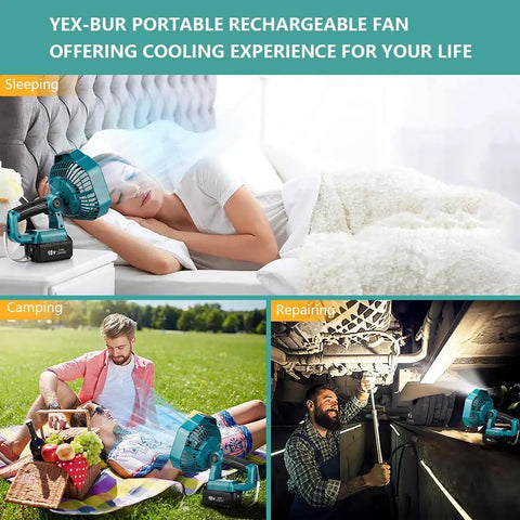 18V Battery Powered Portable Fan With Remote And LED Light, USB A Phone Charging, Built In Power Bank in use for sleeping, camping, and repairing.
