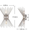 Dimensions of Sunburst Brushed Nickel Wall Sconces, 2 Light Mid Century Modern Vanity Lights, Lit Brushed Nickel Bath Fixture