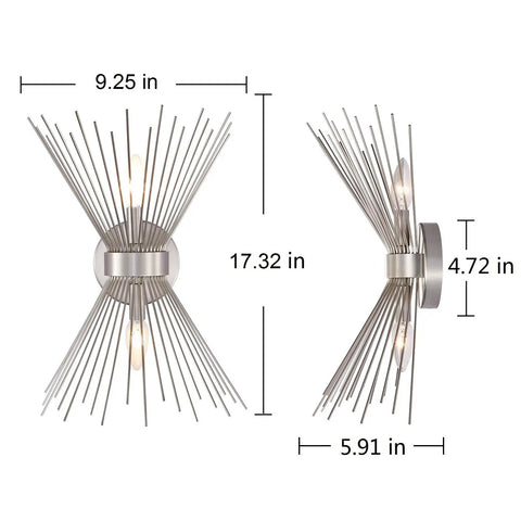 Dimensions of Sunburst Brushed Nickel Wall Sconces, 2 Light Mid Century Modern Vanity Lights, Lit Brushed Nickel Bath Fixture