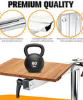 No Sweat Height Adjustable Table Legs Featuring 360 Degree Swiveling Aluminum Base Designed For RV Campers Yachts With a 60 lb kettlebell on wooden surface.