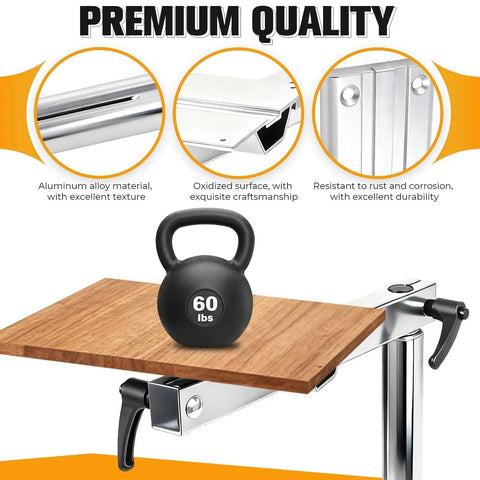 No Sweat Height Adjustable Table Legs Featuring 360 Degree Swiveling Aluminum Base Designed For RV Campers Yachts With a 60 lb kettlebell on wooden surface.