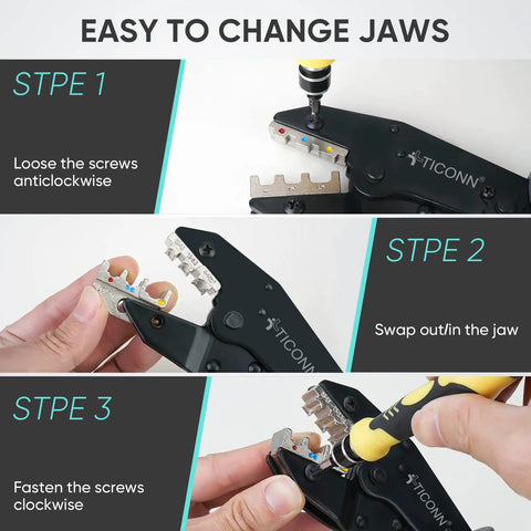 Instructions on changing jaws on Ratcheting Wire Crimp Tool Combo Kit For Heat Shrink Connectors And AWG 22 To 10 Splices tool