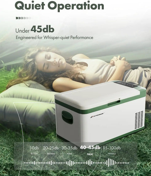 12 Volt Portable Refrigerator 21 Quart Car Fridge Cooler With Rapid Dual Climate Control Features in serene outdoor setting.