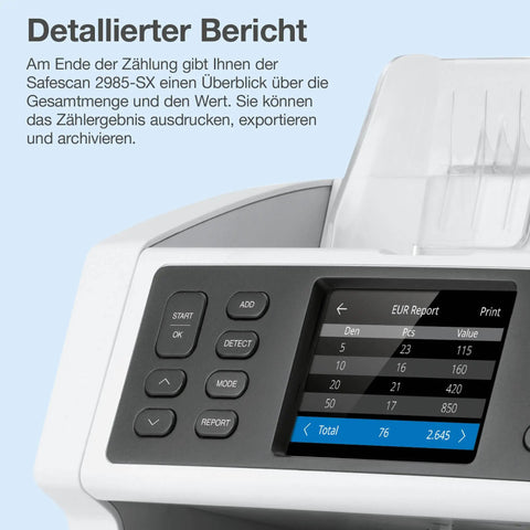Heavy Hitter Multi Currency Money Counter Machine That Value Counts And Sorts Mixed Banknotes With 7 Point Security Counterfeit Money Detector Ripping Through 1200 Bills Per Minute showing detailed report screen.