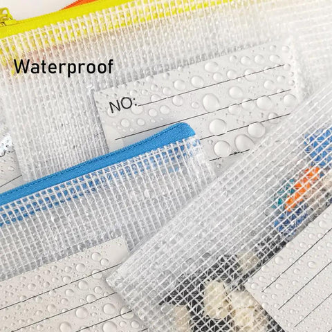 12 Pack Mesh Zipper Pouches With Label Pockets For Office Home And Travel Waterproof A6 Size File Bags close-up view