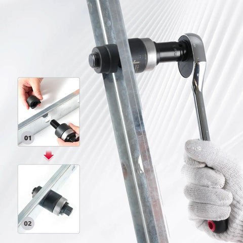 Ratchet Knockout Hole Punch Driver Kit in use creating a hole in metal panel for electrical conduit, ergonomic handle, side view.