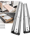Heavy Duty Drawer Slides With 150 Lb Load Capacity Side Mount Ball Bearing Full Extension Runner For Cabinets And Tool Boxes 12 To 40 Inch Available No Lock next to an open drawer with screws