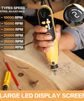 Hand using Powerful Rotary Tool Kit With 6 Variable Speeds From 10000 To 35000 RPM Large LED Display Flex Shaft for carving