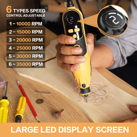 Hand using Powerful Rotary Tool Kit With 6 Variable Speeds From 10000 To 35000 RPM Large LED Display Flex Shaft for carving