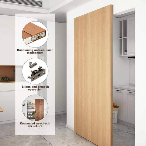Concealed Sliding Barn Door Hardware Kit With Soft Close For 40 To 44 Inch Passage Opening installed in modern kitchen.