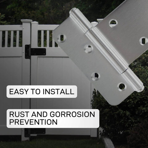 5 Inch Heavy Duty Gate Hinges 260 Lbs Capacity Black Finish 4 Pack With Screws Included, shown installed on wooden gate, rust prevention features