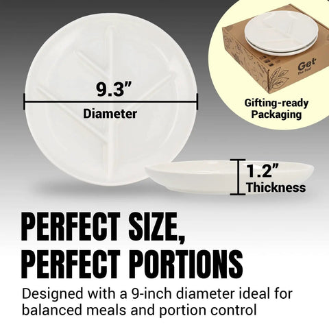 Porcelain Portion Control Plate Set Of 2 9 Point 3 Inch Divided Dinner Plates For Weight Loss And Mindful Eating Meal Prep Displayed