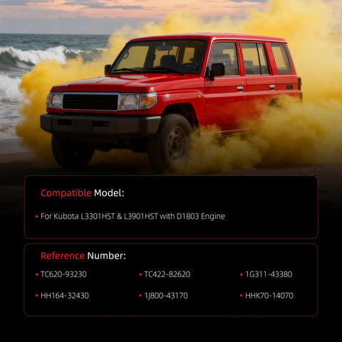 Red off-road vehicle driving through sand with compatibility details for L3301HST & L3901HST with D1803 Engine replacements listed.