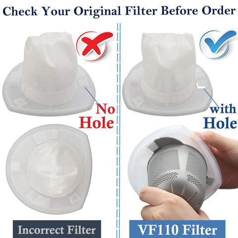 Comparison of incorrect and VF110 filters for 10 Pack Replacement Vacuum Filter Set For VF110 Hand Vac And CHV Series Models Keeps Your Home Clean, Compatible With CHV1410L CHV9610 CHV1210 CHV1510 CHV1410 CHV1410B BDH2000L 9055811301