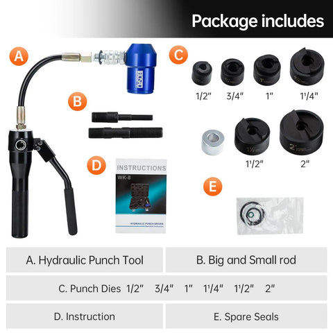 Contents of 360 Degree Rotating Hydraulic Knockout Punch Kit Half Inch To 2 Inch Electrical Conduit Hole Cutter Set with dies and instructions