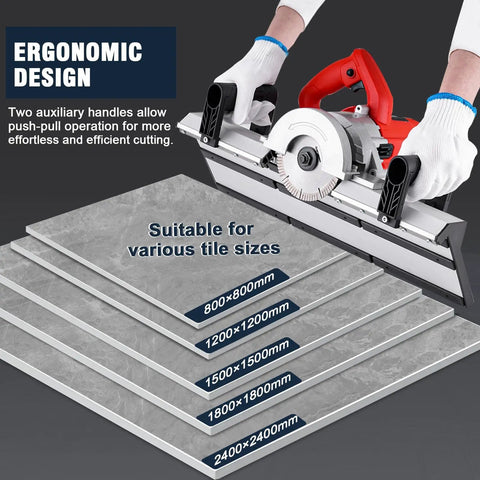 Professional Grade Electric Tile Chamfering Machine With Integrated Water Cooling System For Knockout Forty Three Degree Ceramic Bevel Cuts And Effortless Precision showing ergonomic design with auxiliary handles cutting various tile sizes.