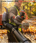 Man operating Backpack Leaf Blower, 63cc Gas Powered Beast With 665 CFM Air Flow And 205 MPH Wind, orange blower in autumn setting.
