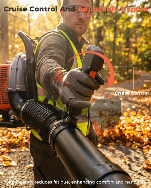 Man operating Backpack Leaf Blower, 63cc Gas Powered Beast With 665 CFM Air Flow And 205 MPH Wind, orange blower in autumn setting.