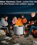 Beefy Heavy Duty Fire Pit Rolling Stand With 360 Swivel And Locking Wheels used in outdoor gathering at night with people.