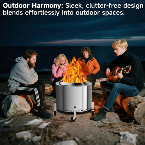 Beefy Heavy Duty Fire Pit Rolling Stand With 360 Swivel And Locking Wheels used in outdoor gathering at night with people.