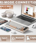 Slick Wireless Mechanical Keyboard Featuring Sixty Eight Keys In Warm Beige with laptop and devices showcasing tri-mode connection.