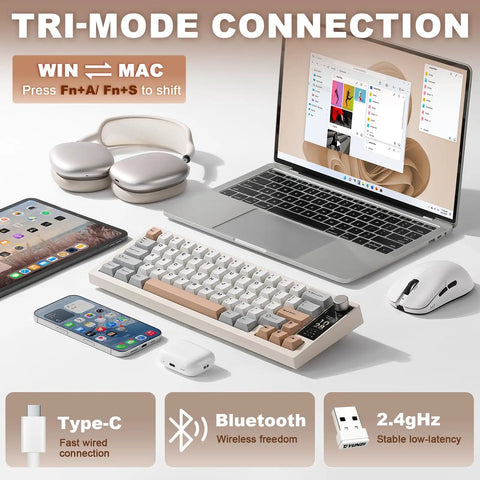 Slick Wireless Mechanical Keyboard Featuring Sixty Eight Keys In Warm Beige with laptop and devices showcasing tri-mode connection.