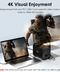 Hella Fast Badass 4 Bay External Hard Drive Enclosure For 3.5 and 2.5 Inch Sata Hdd Ssd With 10Gbps Usb C Support Up To 88Tb Capacity And Smart Cooling Fans Premium Aluminum Shell For Reliable Desktop Backup Station connected to laptop and monitor for 4K display.