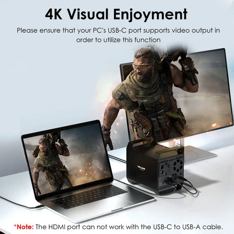 Hella Fast Badass 4 Bay External Hard Drive Enclosure For 3.5 and 2.5 Inch Sata Hdd Ssd With 10Gbps Usb C Support Up To 88Tb Capacity And Smart Cooling Fans Premium Aluminum Shell For Reliable Desktop Backup Station connected to laptop and monitor for 4K display.