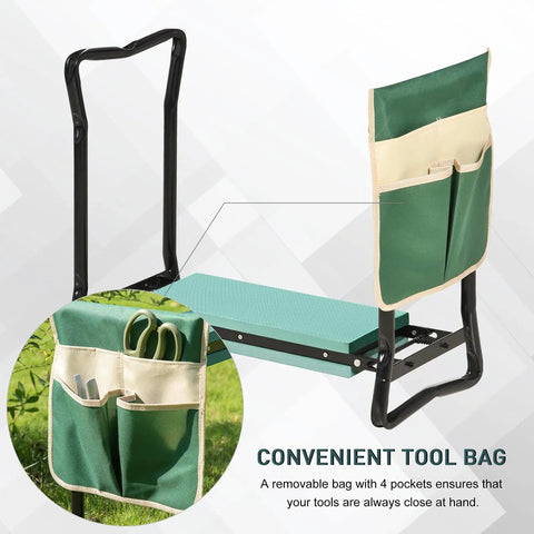 Heavy Duty Garden Kneeler And Seat With Large Four Pocket Tool Bag Flip Up Bench For Kneeling Or Sitting Thick Durable Frame