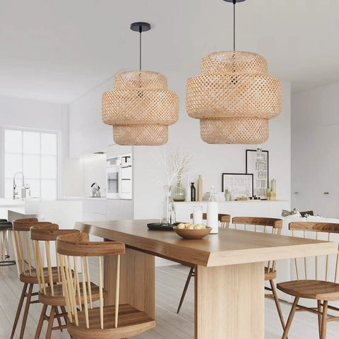 Dining area with Bamboo Pendant Light For Kitchen Island And Living Room, Rattan Handwoven Hanging Fixture, Rustic Chandeliers