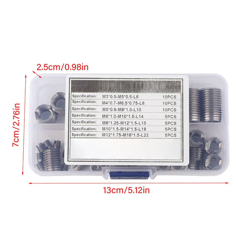 Stainless Steel Self Tapping Thread Inserts Kit 50 Pack High Hardness Reinforced Thread Repair For Automobiles Inner Thread Repair Tool Set For Durable Automotive Fasteners in 13cm case