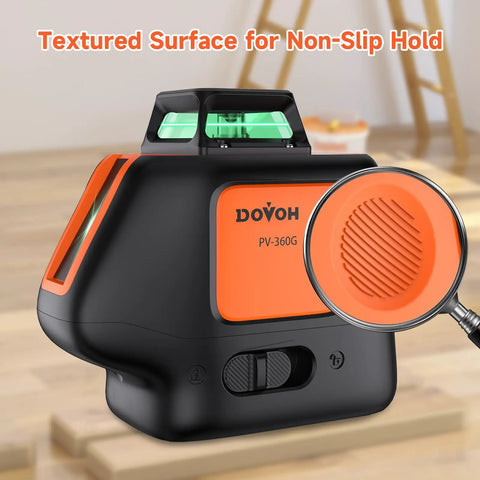 Plumb Dot Laser Level 360 Self Leveling For Fast Accurate Vertical Alignment In Walls Ceilings Pipes And Installations PV360G Pro Grade Tool With Precision Dots Easy Setup And Reliable Self Leveling Performance. Black and orange PV-360G laser level with textured grip close-up