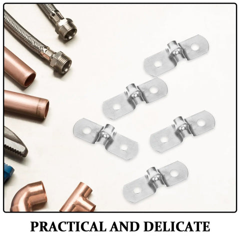 Heavy Duty Stainless Steel Cable Conduit Clamps, Beefy U Shape Pipe Support Brackets With Brushed Finish laid on a flat surface.