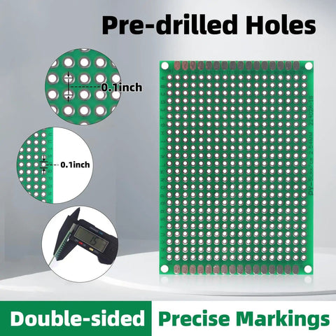 Over 800 Pieces DIY Electronics Kit with Double Sided PCBs showing pre-drilled 0.1-inch holes and precise markings