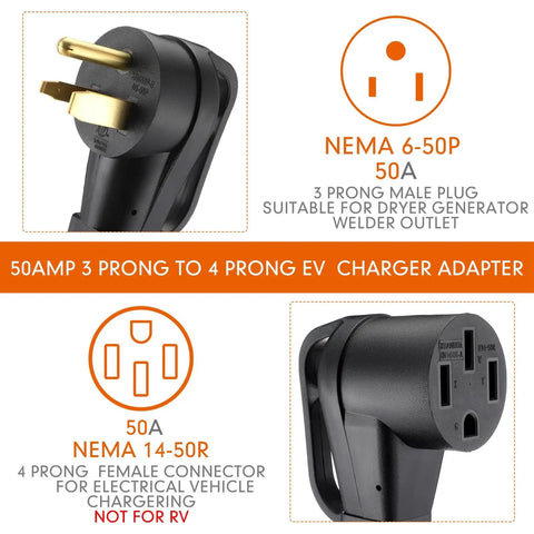 Beefy 50 Amp Welder To EV Charger Cord 1Ft NEMA 6-50P To 14-50R Adapter, showing male and female plug ends, ETL listed.