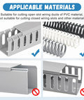Open Slot Wire Duct Cutter Tool For PVC Trunking Slotted Ducts And Covers applicable materials image with examples.