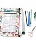 Striped French Bulldog zippered coupon organizer with three grommet holes, holding documents and surrounded by pens and scissors.