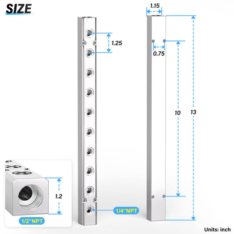 Detailed size diagram of Industrial Grade 10 Way 12 Port Aluminum Pneumatic Shunt Block For Air Distribution Manifold System.