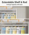 Heavy Duty Expandable Clothes Rack And Wardrobe Closet Organizer With Adjustable Multi Tier Shelves showing extension capacity before and after.