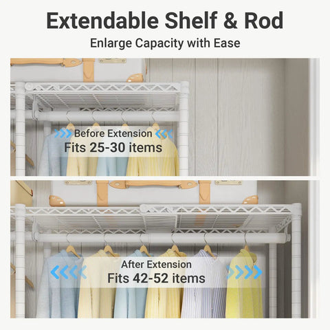 Heavy Duty Expandable Clothes Rack And Wardrobe Closet Organizer With Adjustable Multi Tier Shelves showing extension capacity before and after.