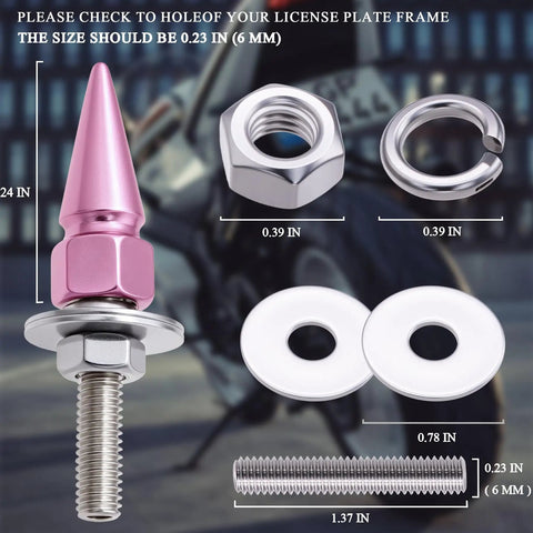 Dope Spiked License Plate Screws Fasteners Kit For Cars Trucks And Motorcycles Decorative Pink Anti Theft Stainless Steel And Aluminum Bolts Fits Most Vehicles Easy Install shown with dimensions