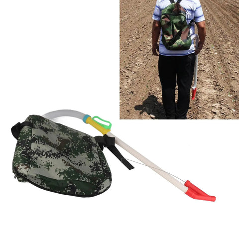 Manual Seed And Fertilizer Spreader With Comfortable Shoulder Strap And Ergonomic Handle For Farm Garden And Vegetables No Mess Easy To Use Bag Included Now, shown in green camo design