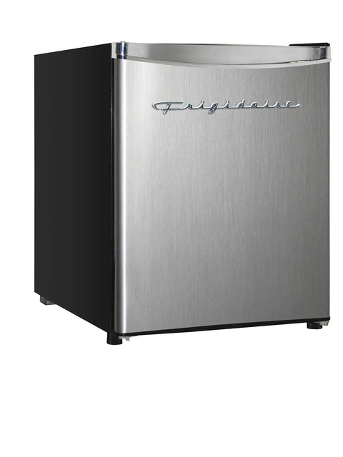 Compact Upright Freezer With 1.1 Cu Ft Capacity And Brushed Silver Exterior showcasing sleek design with a reversible door.