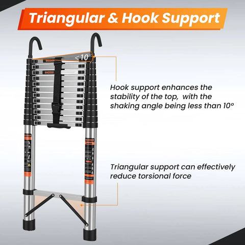Heavy Duty Telescoping Ladder Sixteen And A Half Foot Extension With Hooks, triangular and hook support illustration