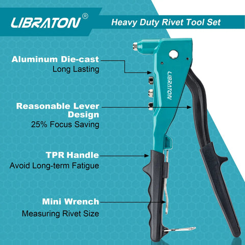 Heavy Duty Pop Rivet Gun Set With Aluminum Hand Riveter Workhorse 4 Interchangeable Heads 110 Piece Rivet Kit Includes 25 Rivets Per Size