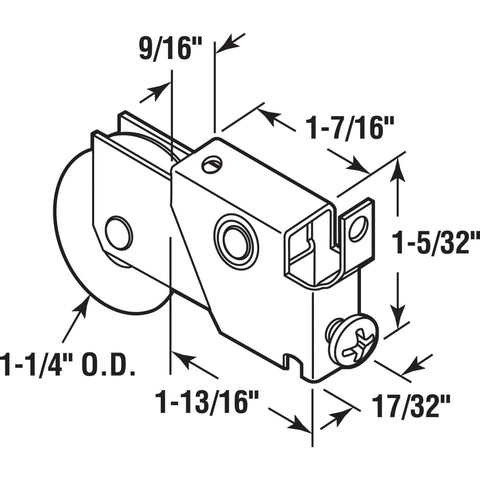 Diagram of D 1906 Single 1-1/4 In. Steel Ball Bearing Roller With S-Tab Housing Adjustable Action Non-Threaded Mount Hole Plus Optional 10-32 Thread 1 Pack, showing measurements and design features.