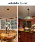 Blue Tiffany Style Mission Pendant Light 16 Inch Hanging Lamp With Stained Glass Two Light Antique Ceiling Fixture in dining and kitchen area.